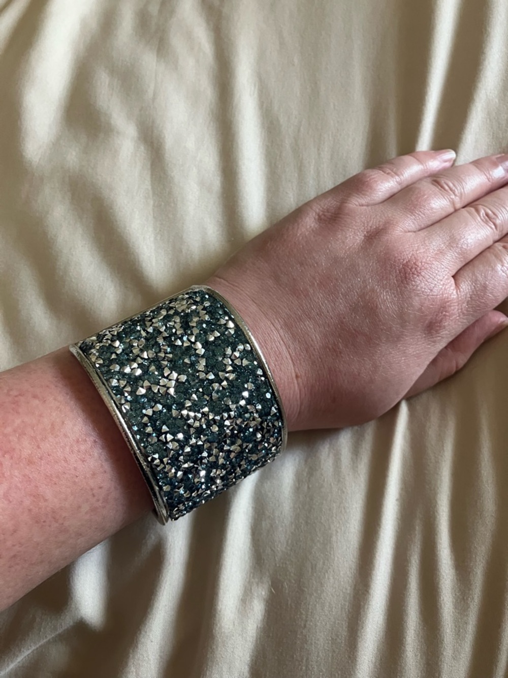 Large Statement Cuff Bracelet 1.75” Wide - Silver Tone Studded Pyramid & Druzy